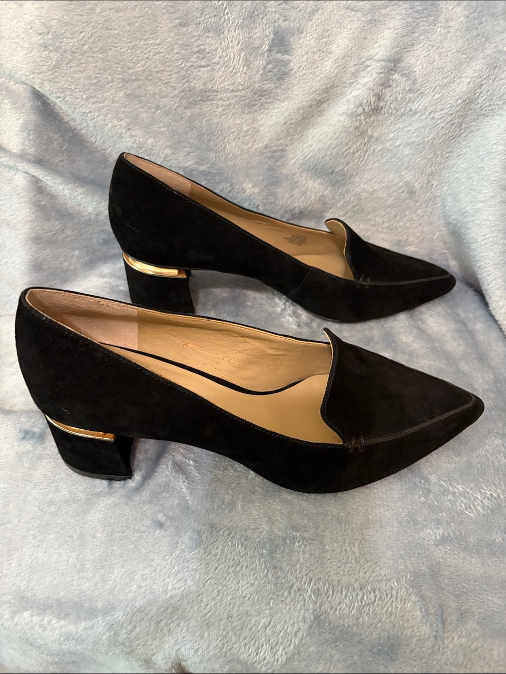 Enzo Angiolini Black Suede Pointed Low Block Heel Pumps with Gold Accent - Picture 11 of 11